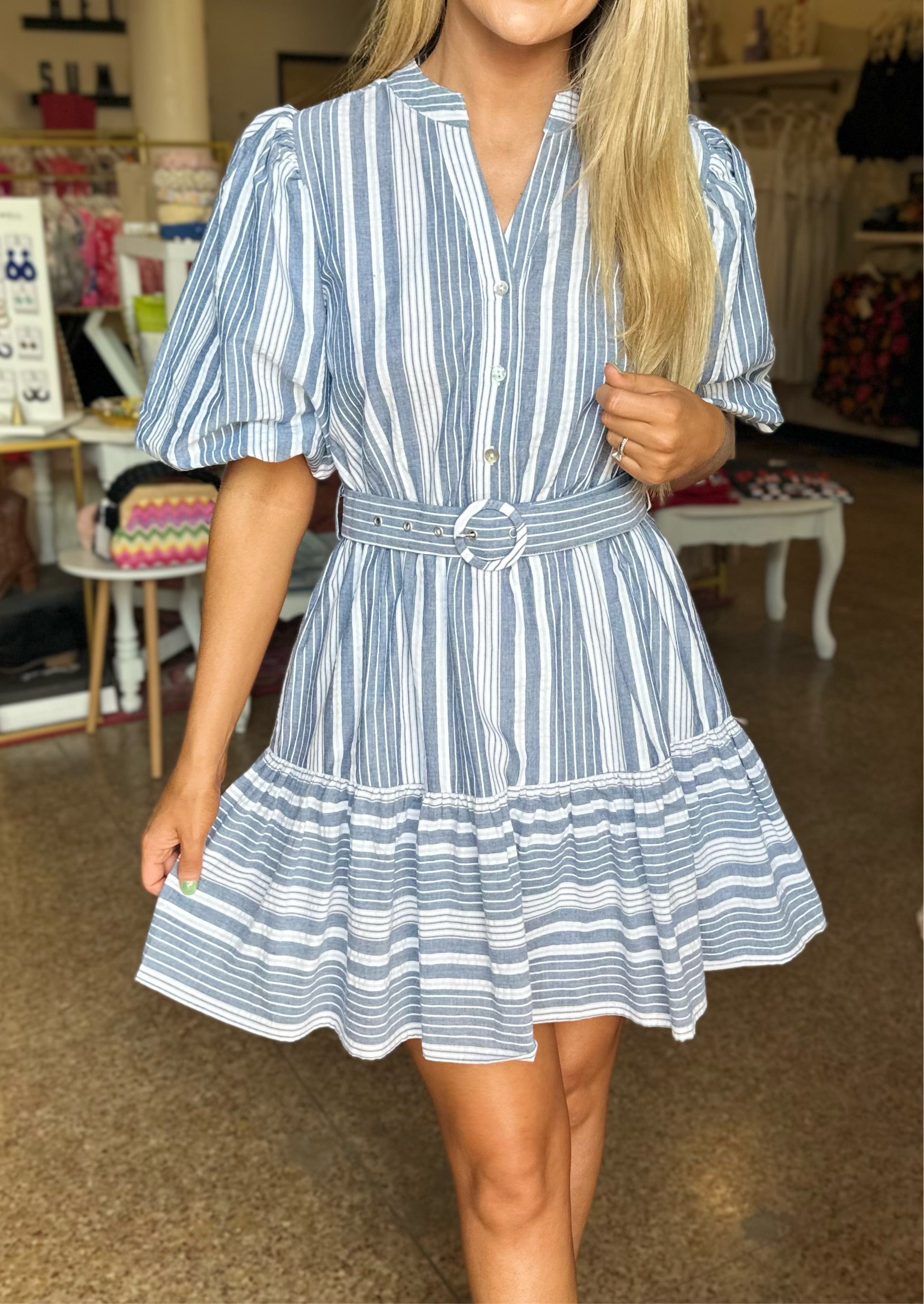 Striped Seersucker Mini Dress - Navy