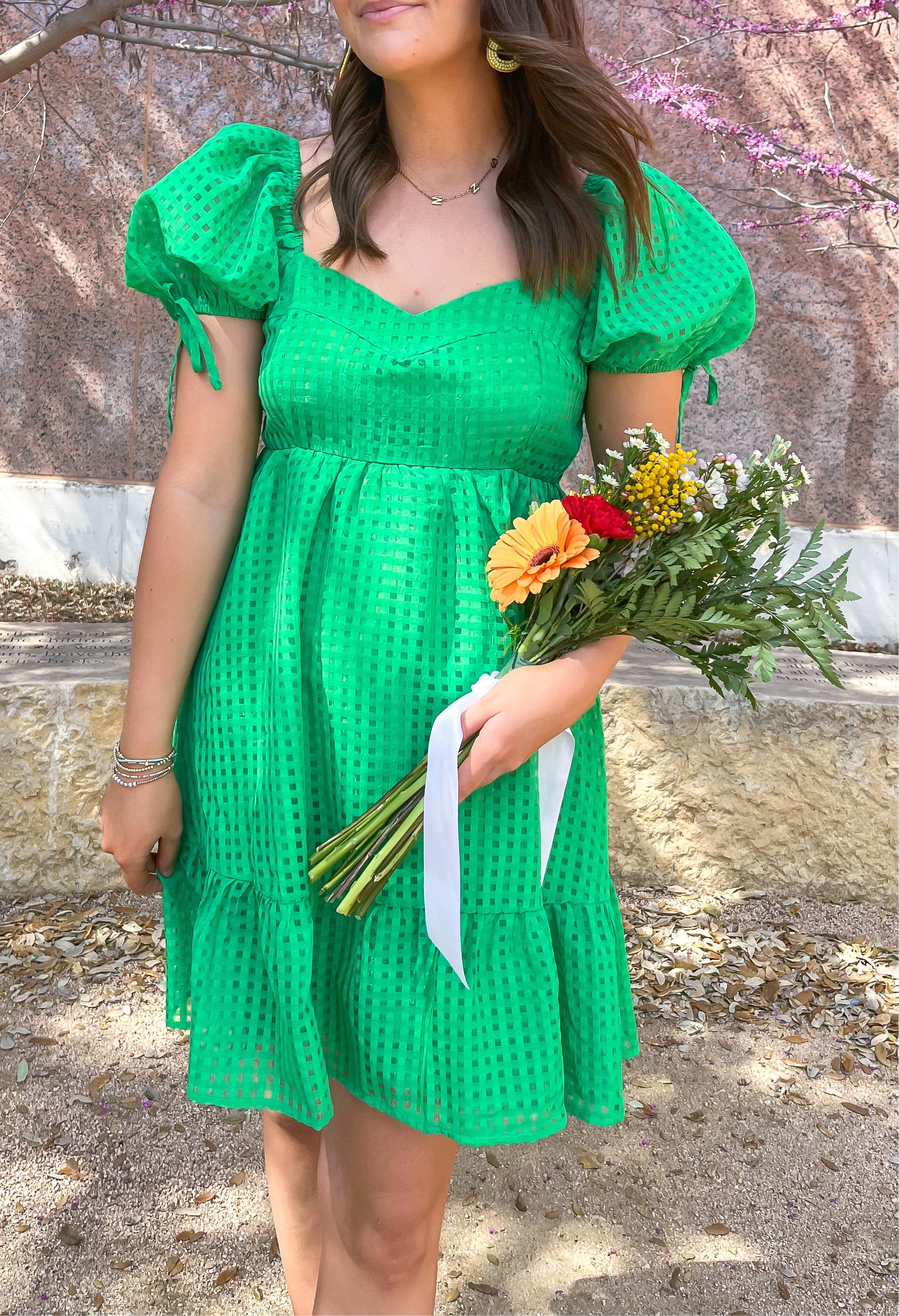 Sweetheart Tiered Puff Sleeve Dress - Green