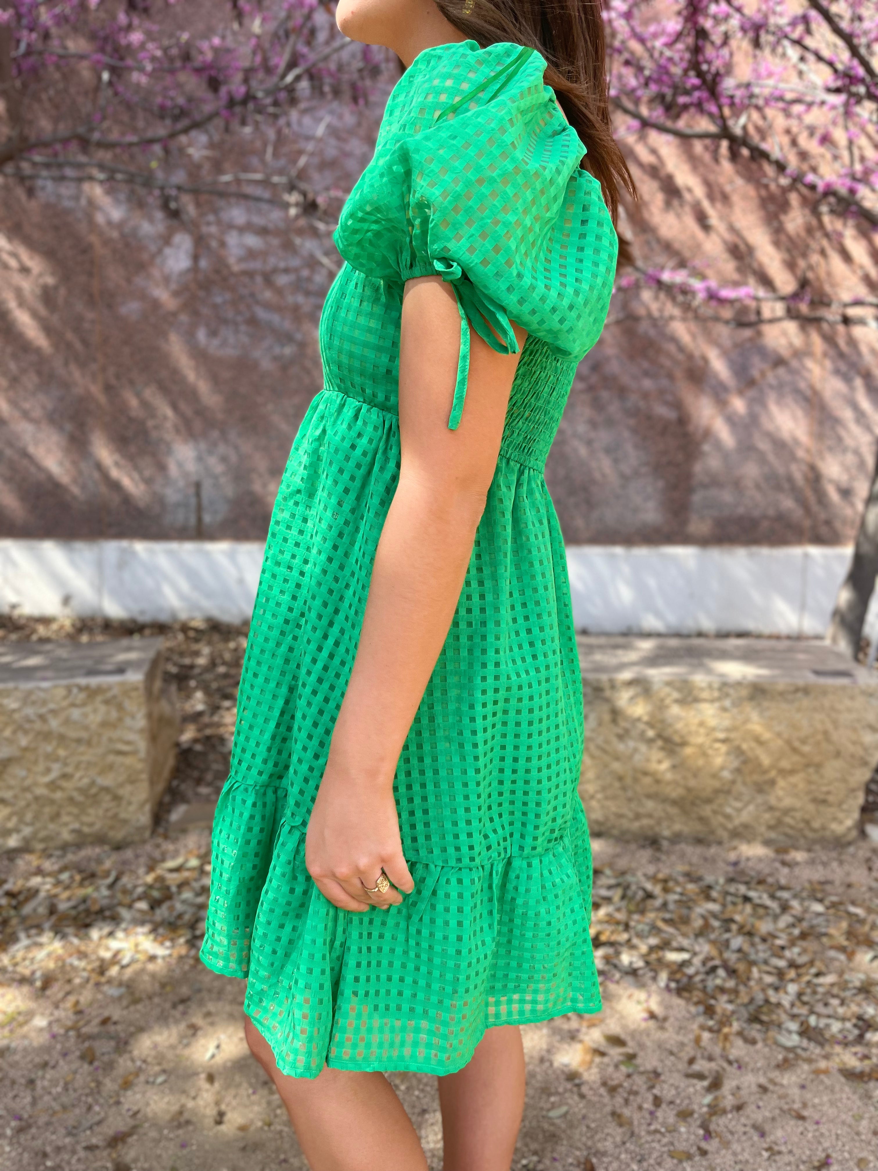 Sweetheart Tiered Puff Sleeve Dress - Green