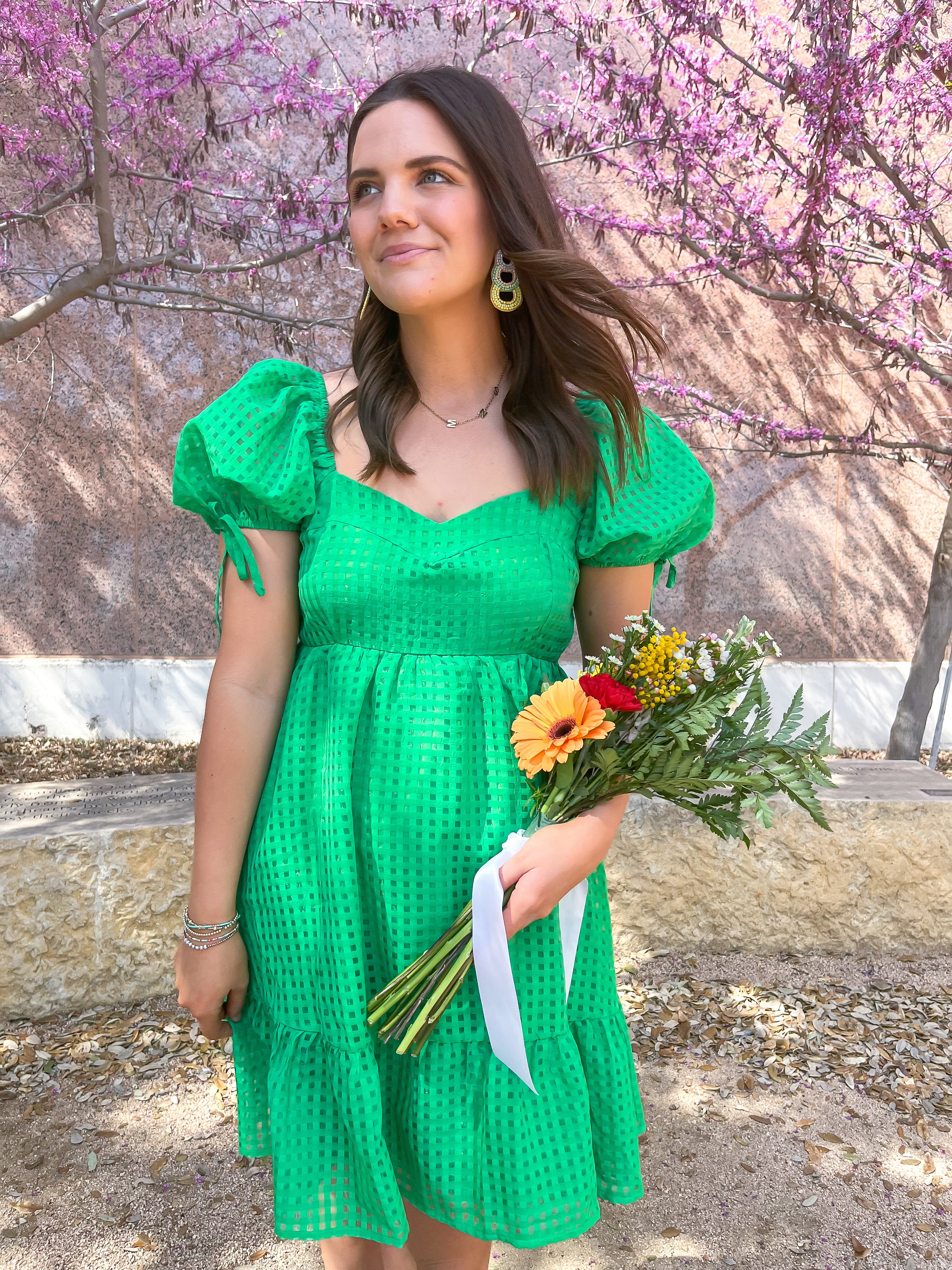 Sweetheart Tiered Puff Sleeve Dress - Green