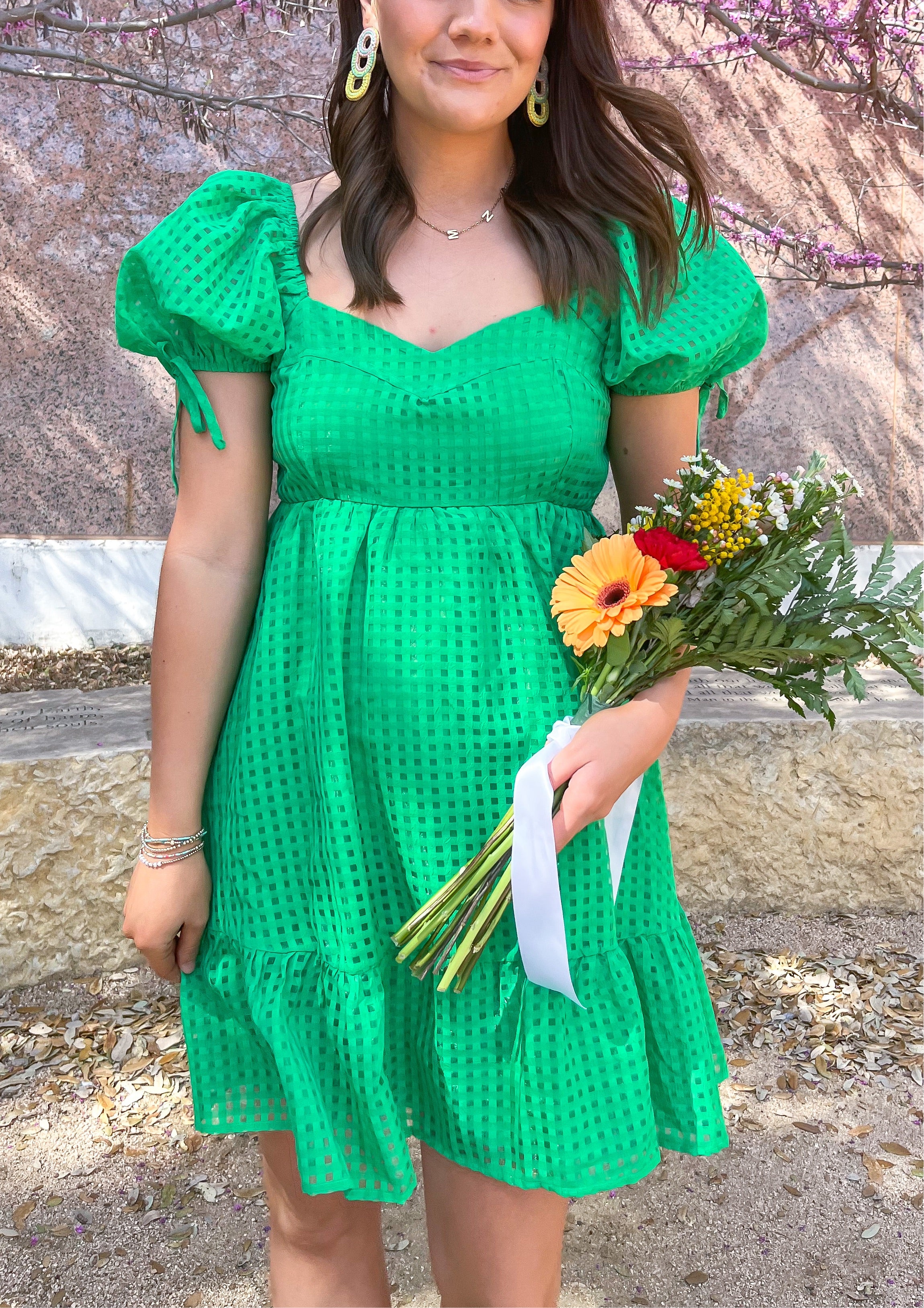 Sweetheart Tiered Puff Sleeve Dress - Green