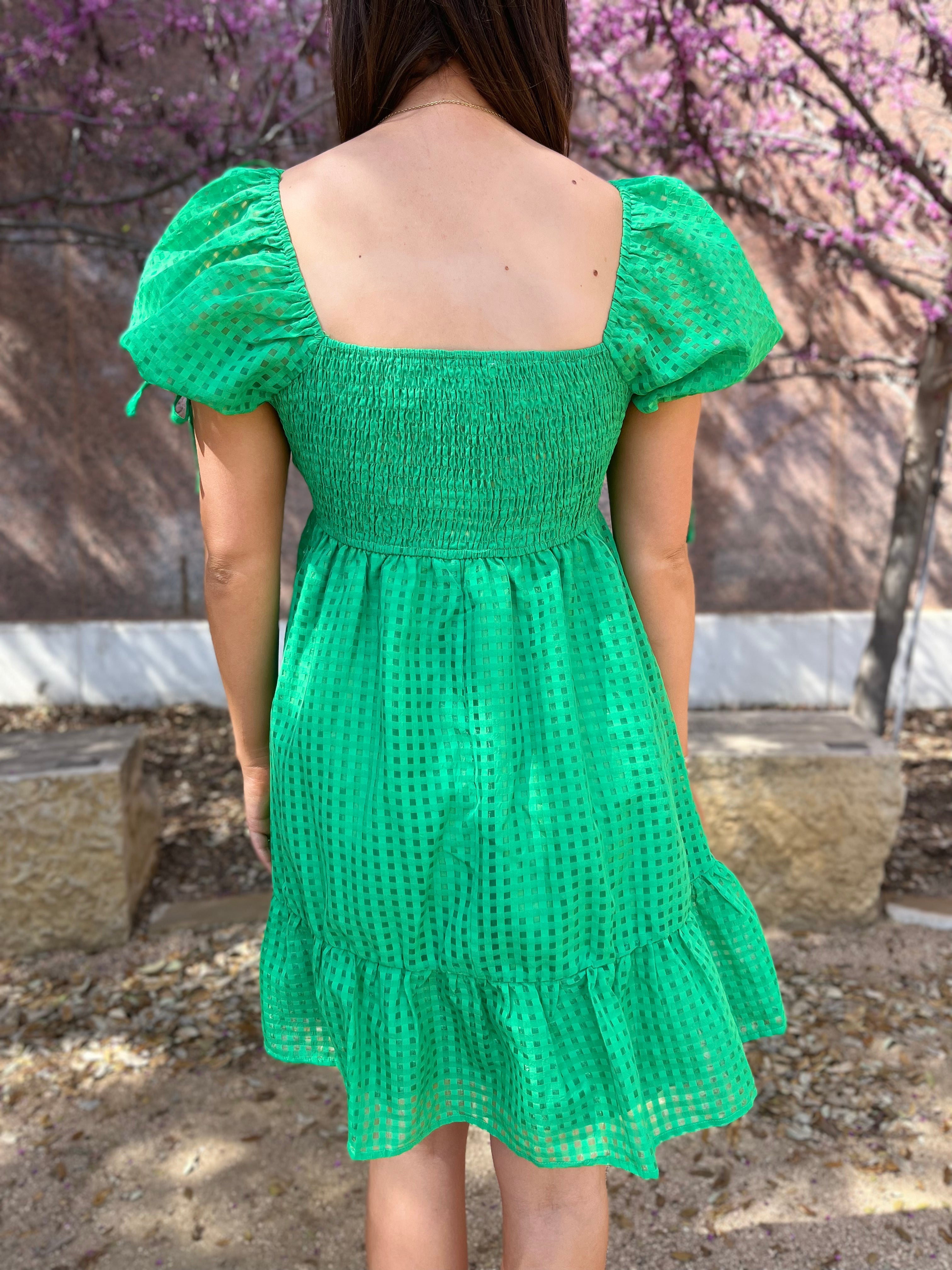 Sweetheart Tiered Puff Sleeve Dress - Green