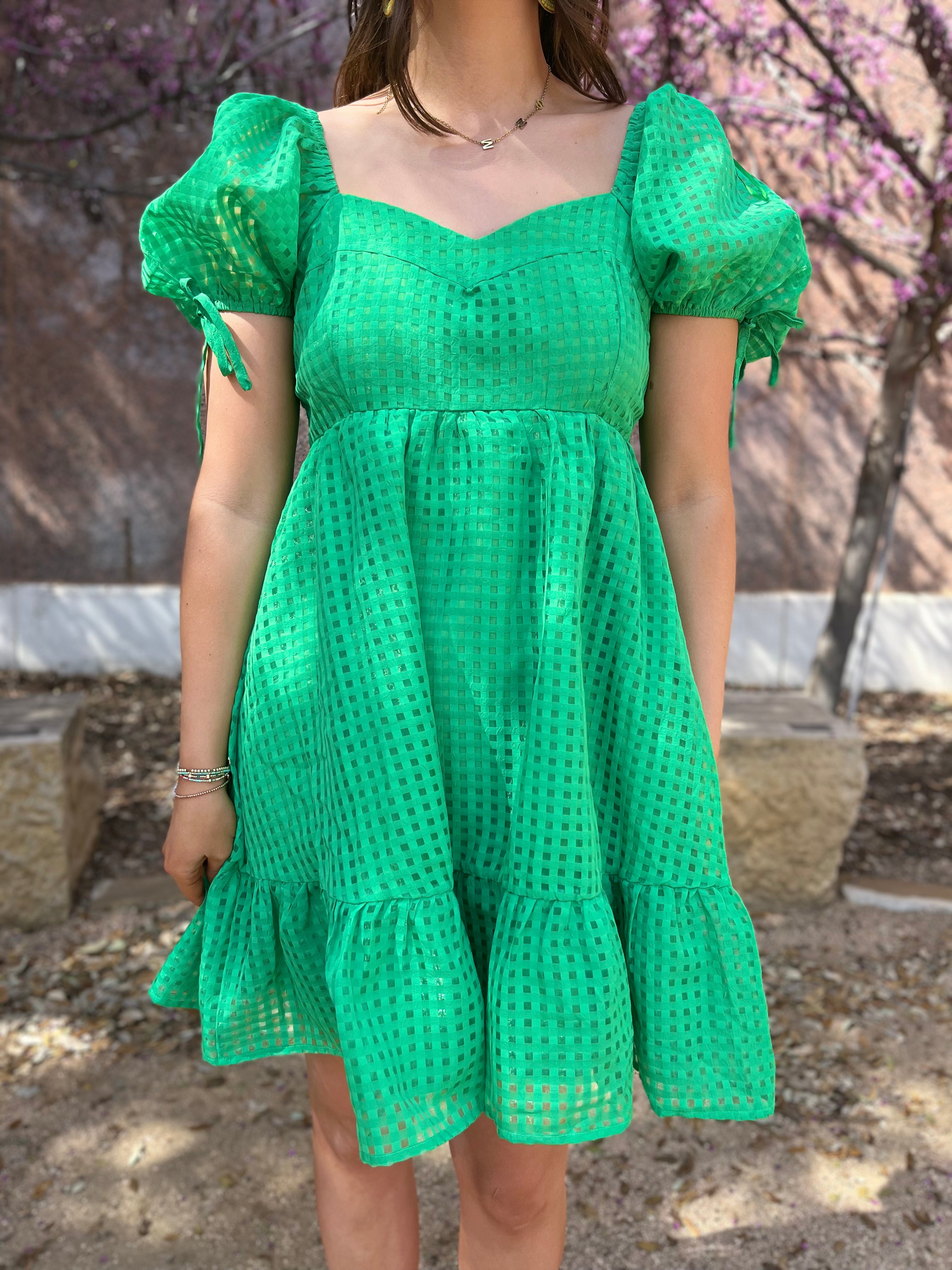 Sweetheart Tiered Puff Sleeve Dress - Green