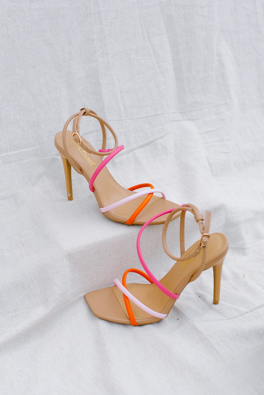 Tan Pink & Orange Strappy Heels