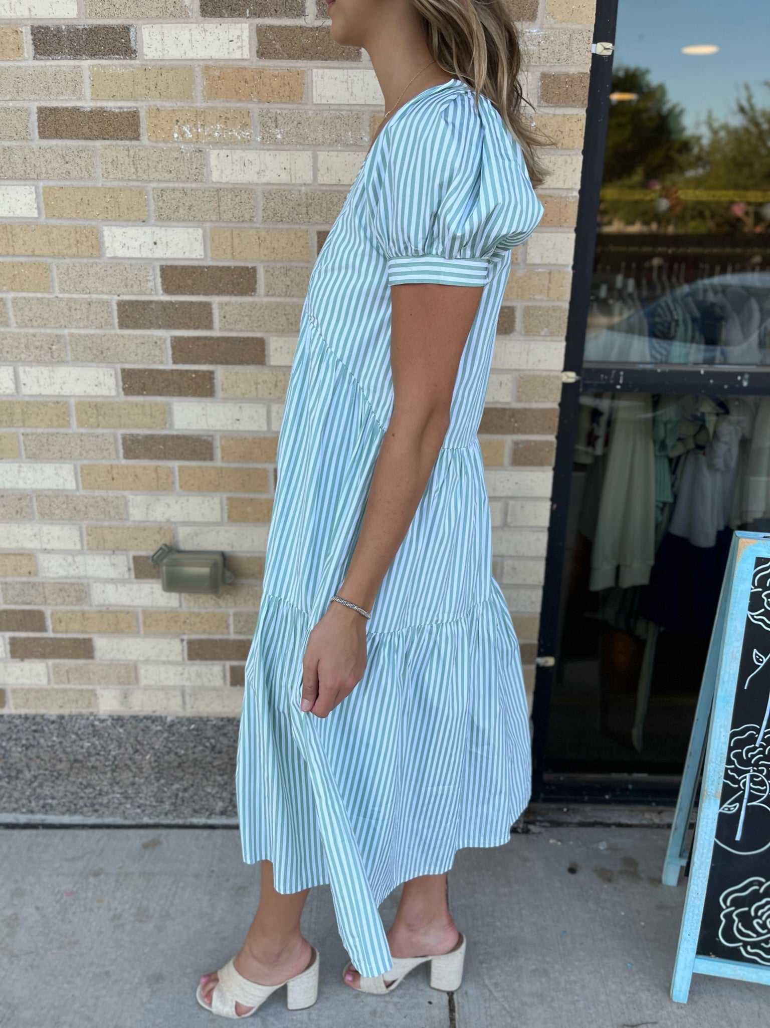 V-Neck Striped Tiered Midi Dress- Mint