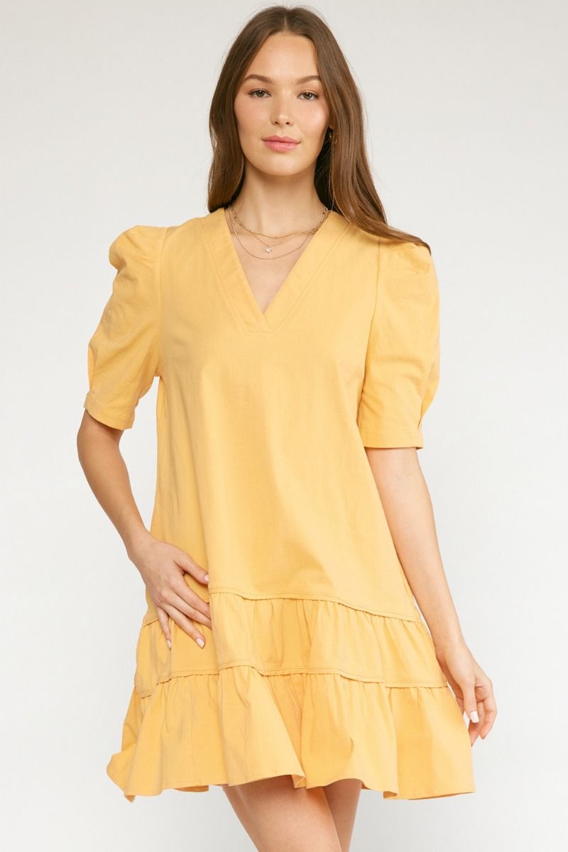 V-Neck Tiered Mini Dress - Yellow