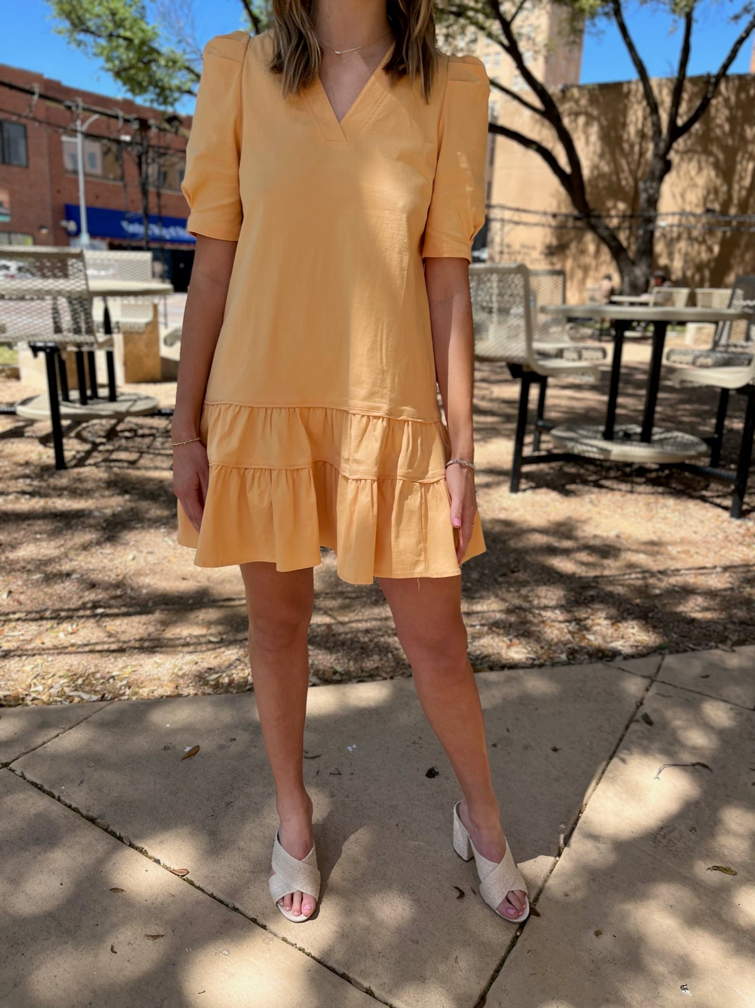 V-Neck Tiered Mini Dress - Yellow