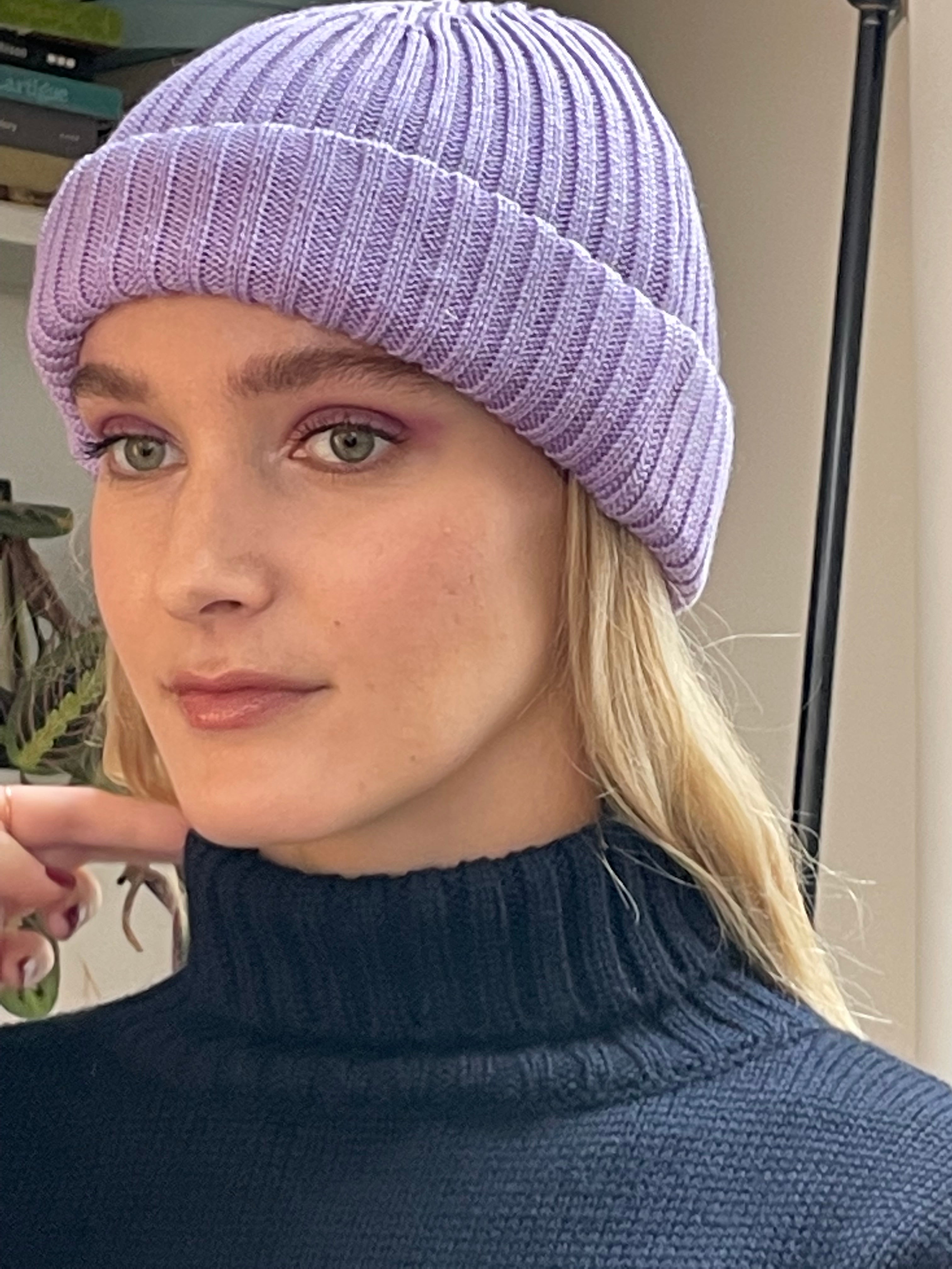 Violet Merino Ribbed Beanie Hat