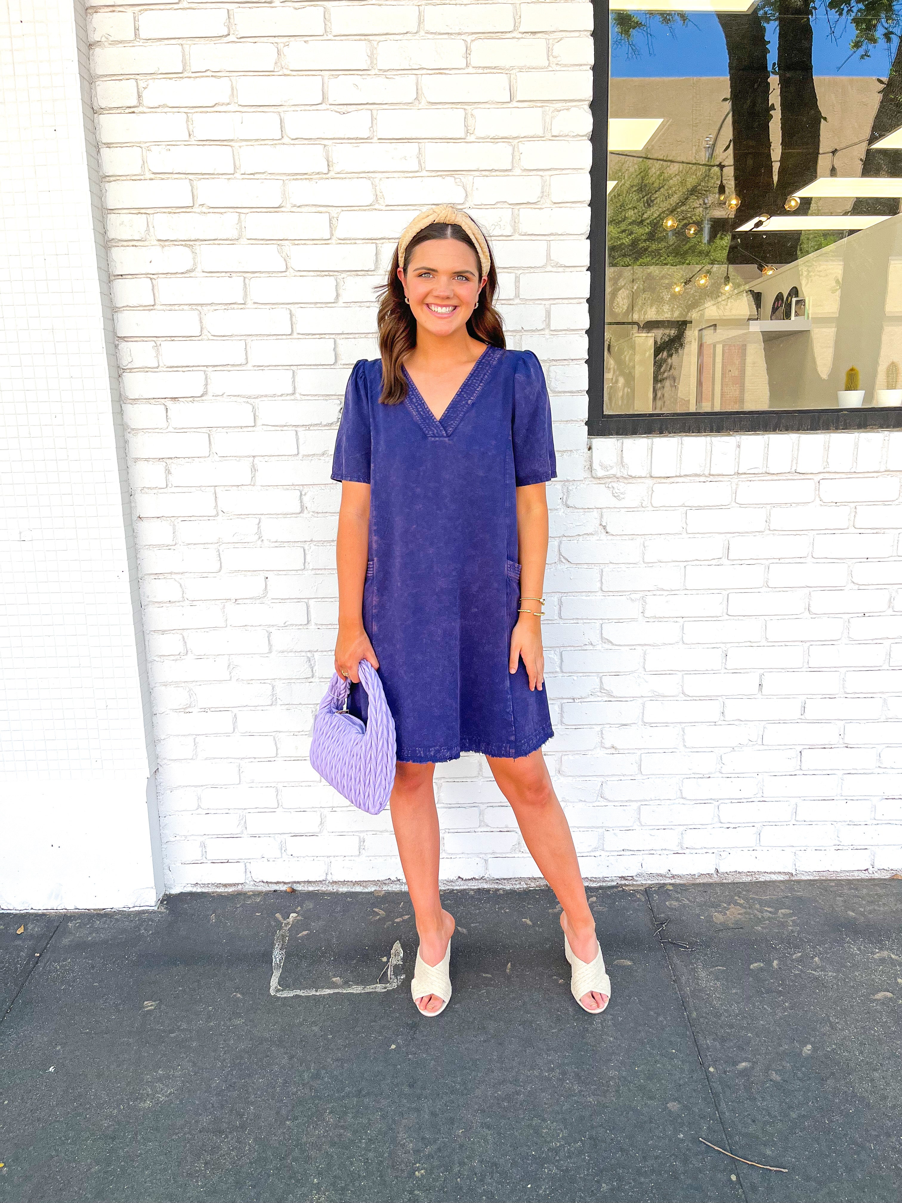 Washing V-Neck Dress - Navy