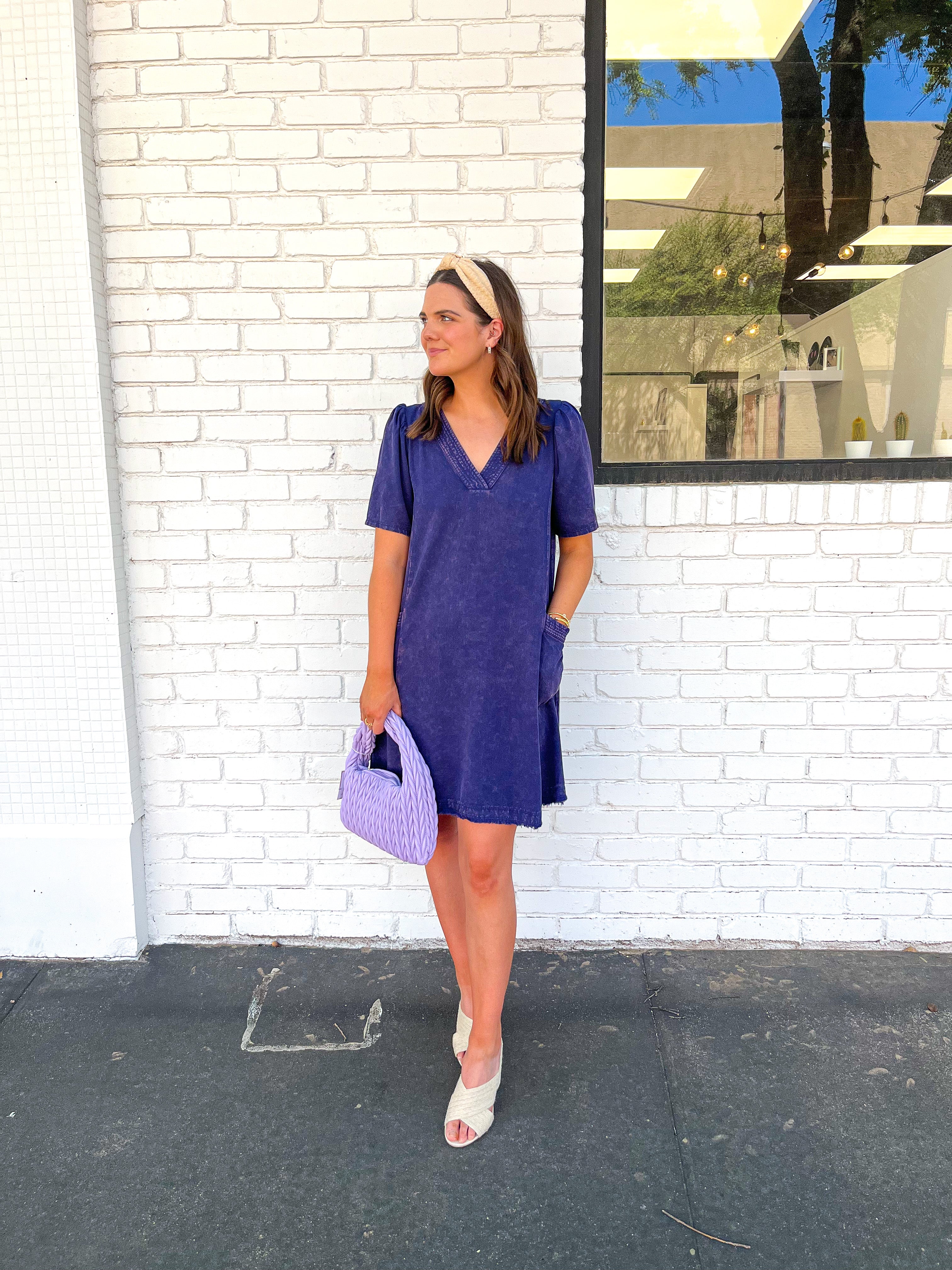 Washing V-Neck Dress - Navy