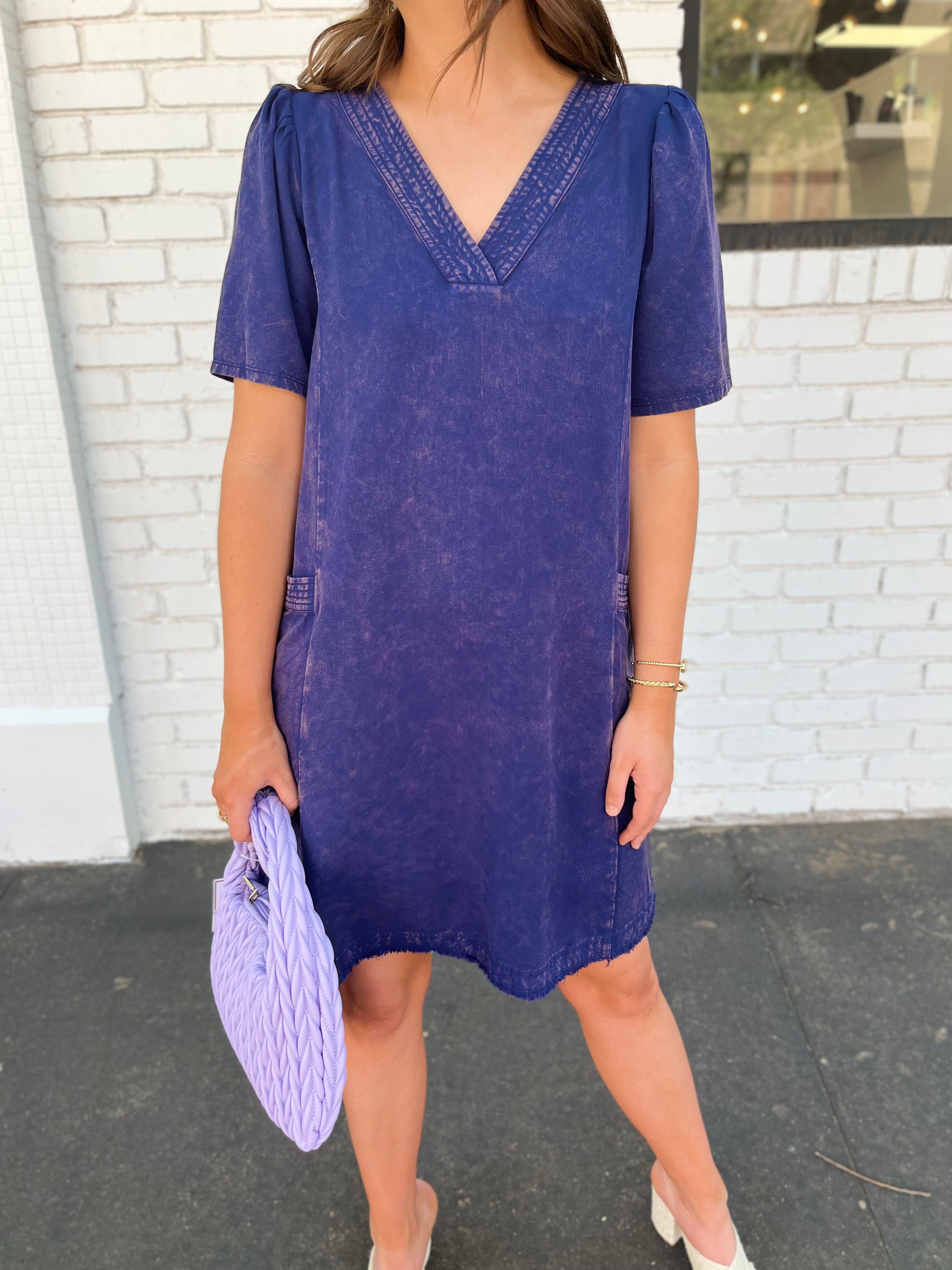 Washing V-Neck Dress - Navy