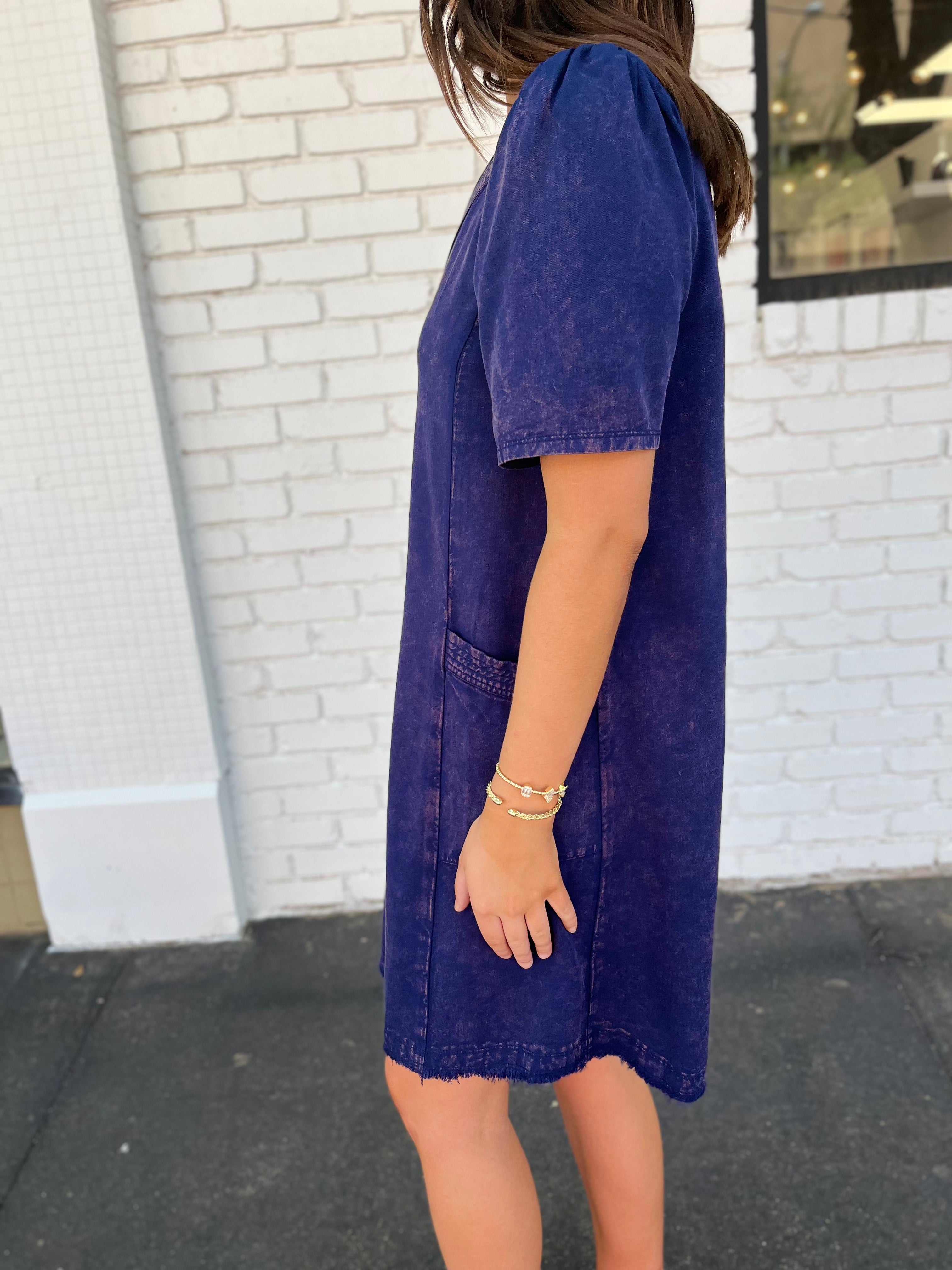 Washing V-Neck Dress - Navy