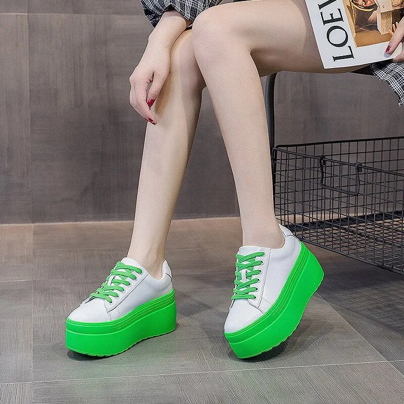 Women's Genuine Leather Green White 8cm Platform Wedge Sneakers Shoes