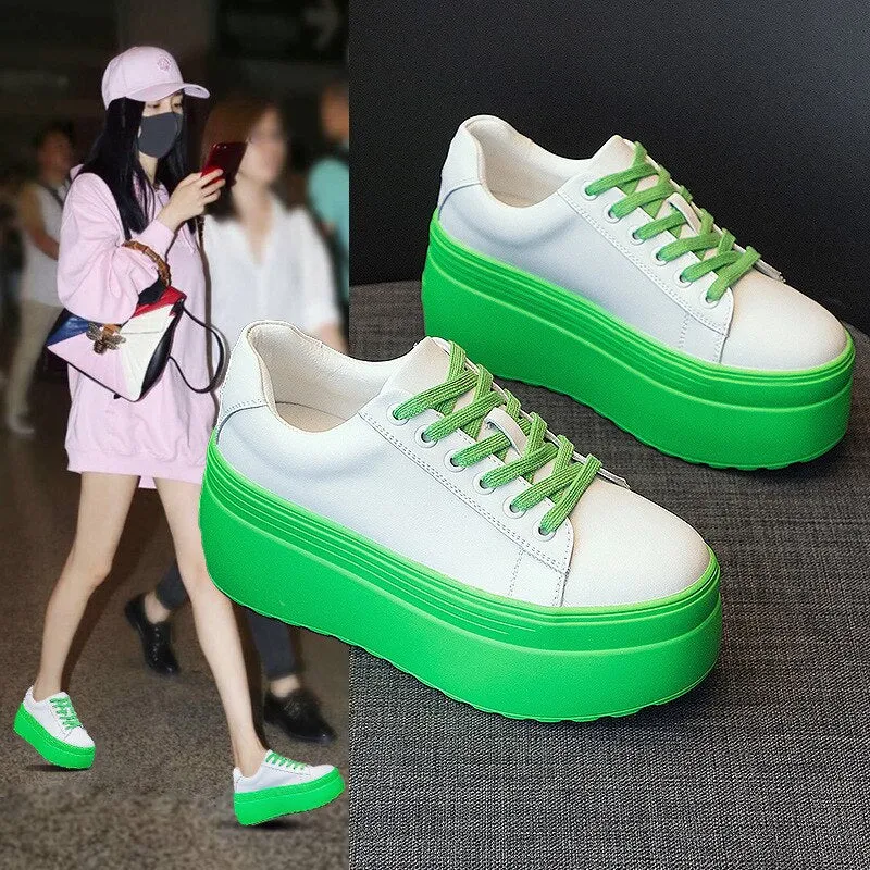 Women's Genuine Leather Green White 8cm Platform Wedge Sneakers Shoes