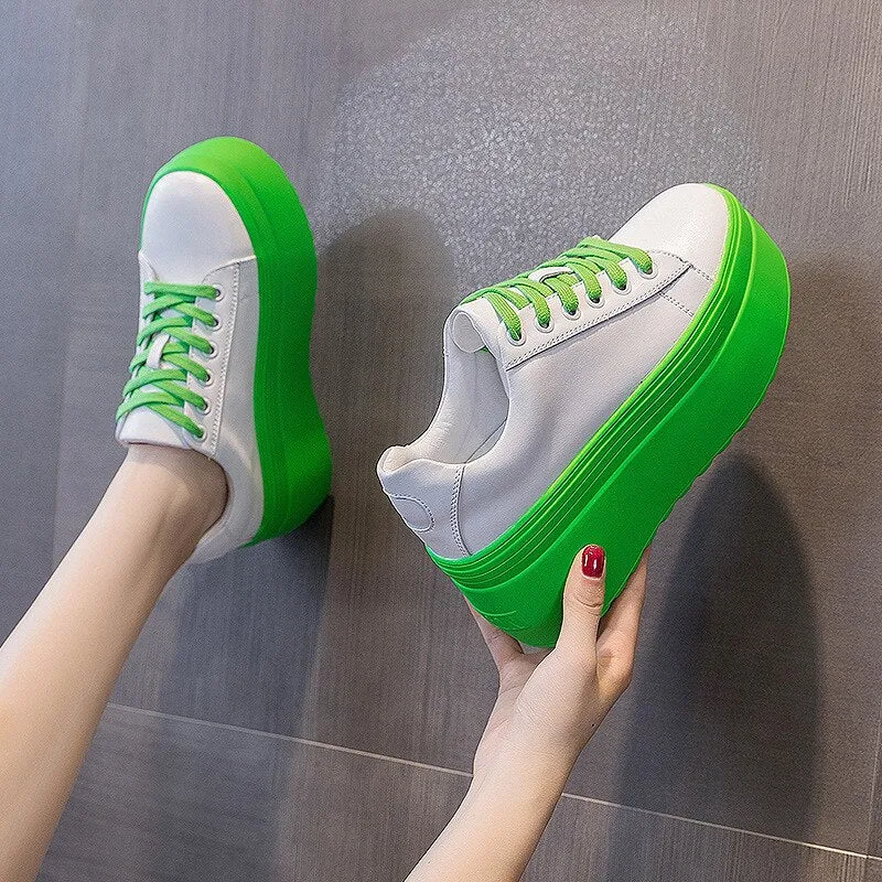 Women's Genuine Leather Green White 8cm Platform Wedge Sneakers Shoes